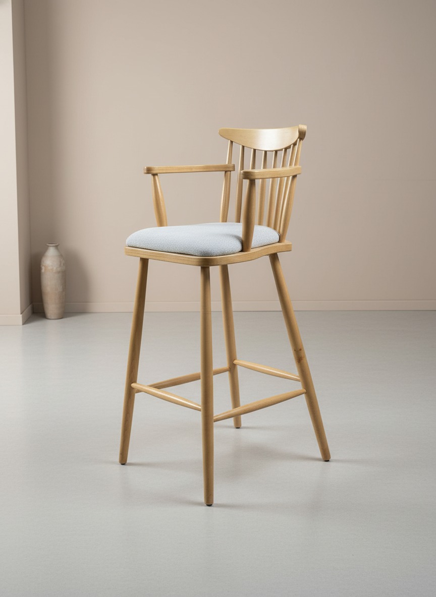 Masif Ahşap Kollu Bar Sandalyesi